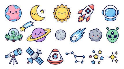Fototapeta premium Kawaii Space Planets Rocket and Astronaut Sticker Bundle Vector