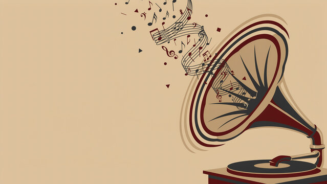 Vintage gramophone tornado of geometric musical notes flat vector background
