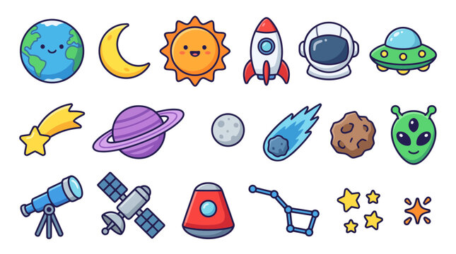 Kawaii Space Planets Rocket and Astronaut Sticker Bundle Vector