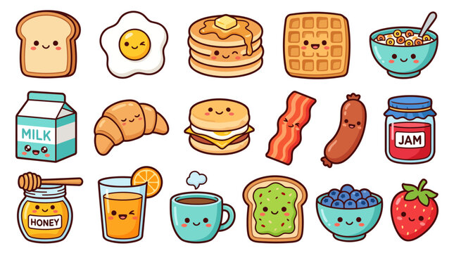 Kawaii Breakfast Food Sticker Bundle Cute Flat Vector Set
