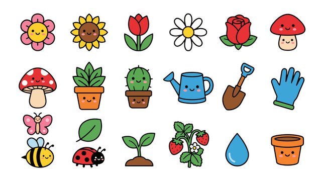 Kawaii Garden Flowers Plants and Nature Sticker Bundle Vector