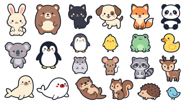 Kawaii Cute Animals Sticker Bundle Flat Vector Collection