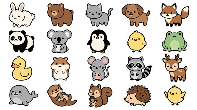Kawaii Cute Animals Sticker Bundle Flat Vector Collection