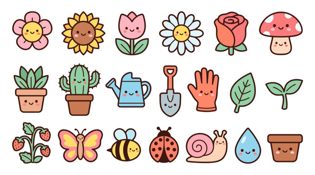 Kawaii Garden Flowers Plants and Nature Sticker Bundle Vector