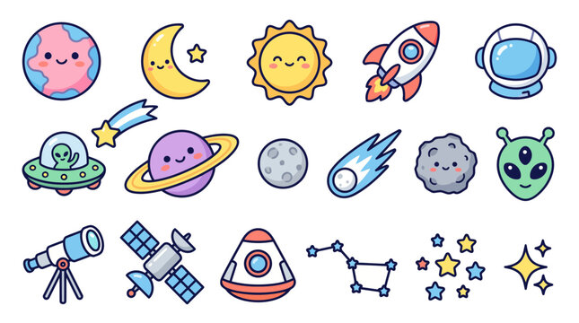 Kawaii Space Planets Rocket and Astronaut Sticker Bundle Vector