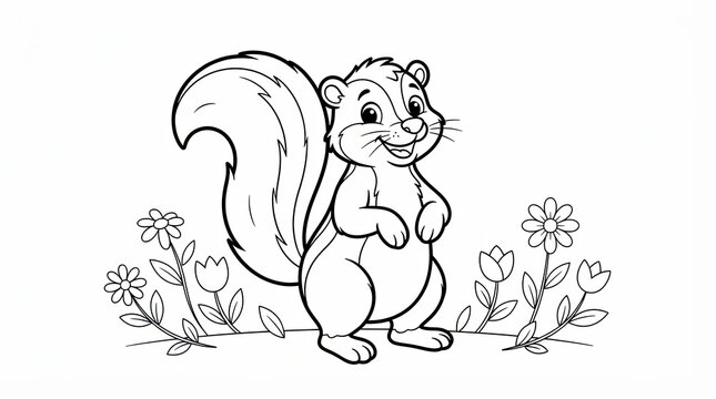 Cute cartoon squirrel standing in a garden of flowers line art drawing