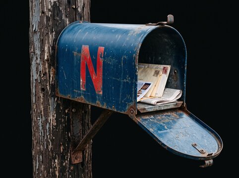 Open rustic blue US mailbox with mail inside mounted on a weathered post against a dark background.
