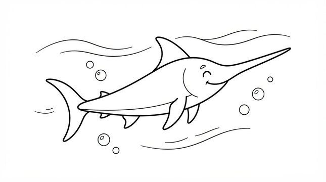 Cute cartoon swordfish swimming in the ocean coloring page