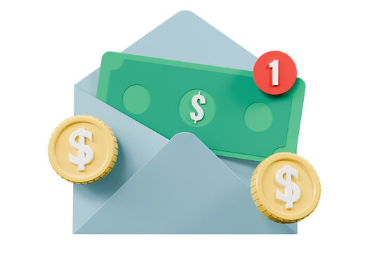 3d payment envelope icon. money alert concept. minimal cartoon banknotes, coins, alert badge and cash message for banking. isolated on white transparent background. 3d render.