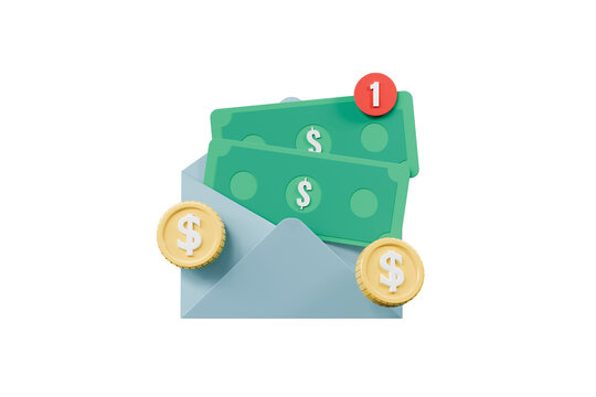 3d payment envelope icon. money alert concept. minimal cartoon banknotes, coins, alert badge and cash message for banking. isolated on white transparent background. 3d render.
