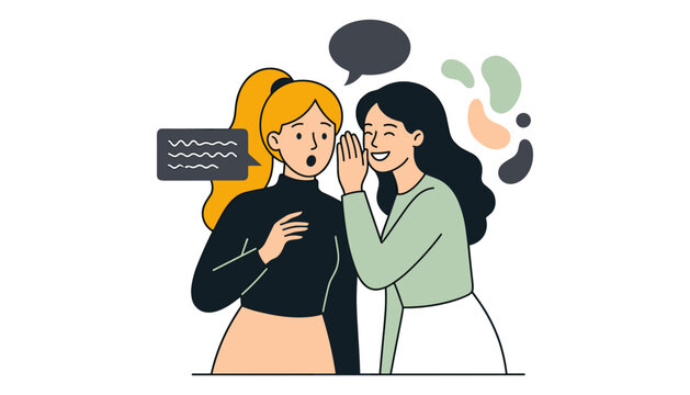 Vector illustration of woman whispering secret gossip to her shocked friend with speech bubbles isolated on white background