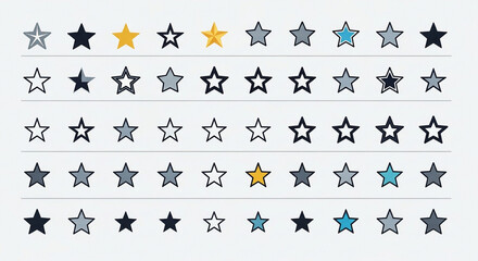 Fototapeta premium Large set of star rating icons in various styles colors and fills for user feedback or ranking systems with feedback collection interface