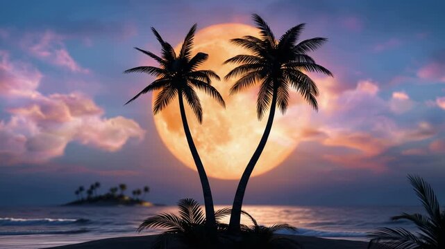 Palm trees silhouetted against a giant glowing orange moon, pastel twilight sky, dreamy fantasy atmosphere, 4K video