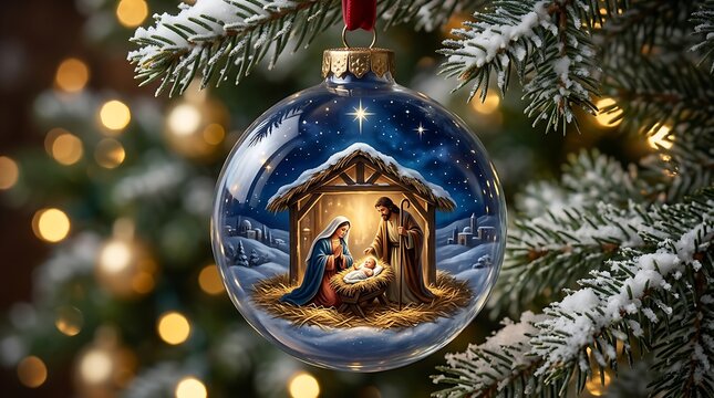 Christmas ornament featuring a nativity scene with baby jesus, mary, and joseph inside a glass bauble hanging on a snowcovered pine tree branch
