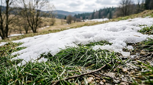 Melting snow reveals green grass in early spring mountain landscape