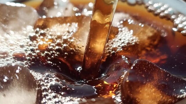 Pouring cola over ice cubes creating refreshing bubbles and a fizzy cascade. Close-up view of dark soda being poured onto ice cubes, generating a cascade of effervescent bubbles