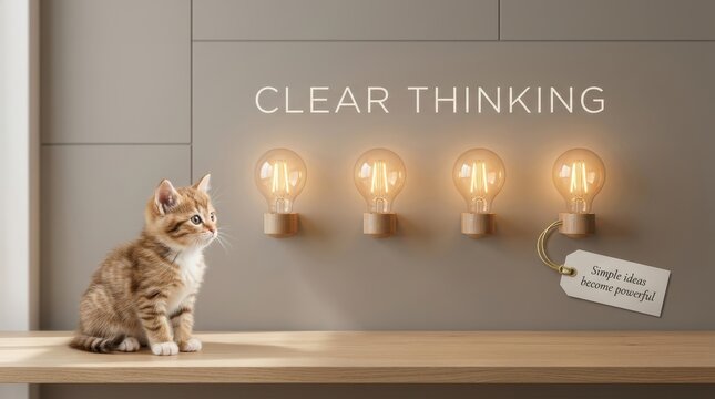 Adorable ginger kitten sitting on a wooden shelf looking at four glowing light bulbs on a wall with clear thinking text and a small tag representing creative inspiration and simple