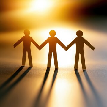 Paper cutout figures holding hands casting long shadows on a sunlit surface symbolizing unity connection and togetherness in a warm glowing background
