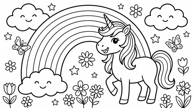 Cute unicorn coloring page with rainbow and smiling clouds