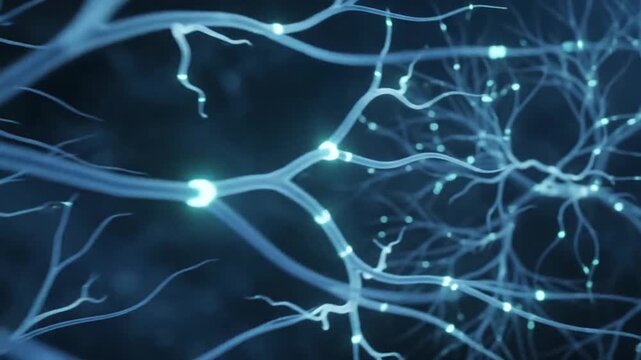 Neural network growth with glowing synapses during data transmission in dark blue abstract environment