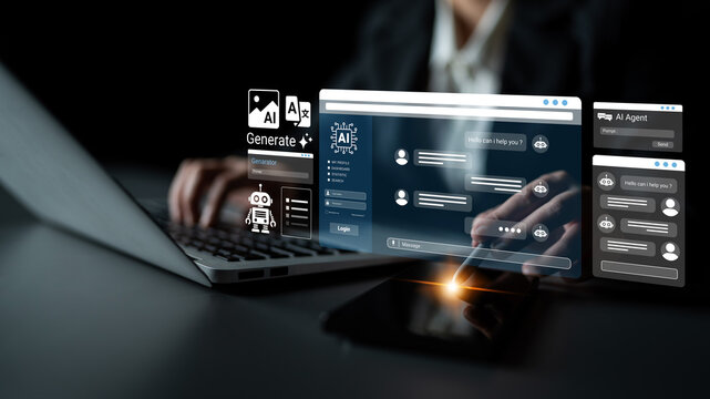 Close-up of a person using a laptop with an AI chat interface displayed, emphasizing modern technology role in enhancing digital communication and user interaction. Ledger