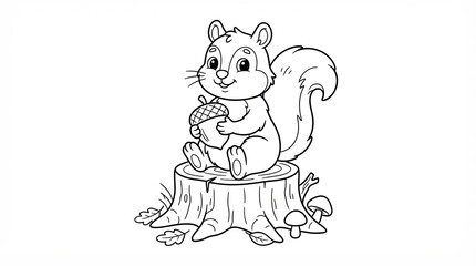 Fototapeta premium Cute cartoon squirrel holding an acorn sitting on a tree stump