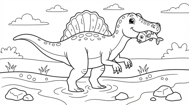 Cute Spinosaurus dinosaur holding a fish in its mouth coloring page