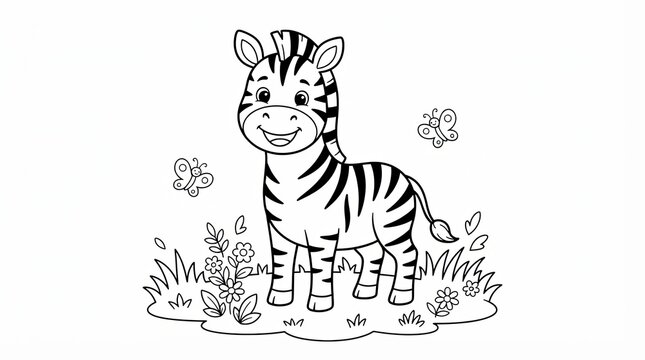 Cute cartoon zebra standing in the grass with flowers and butterflies