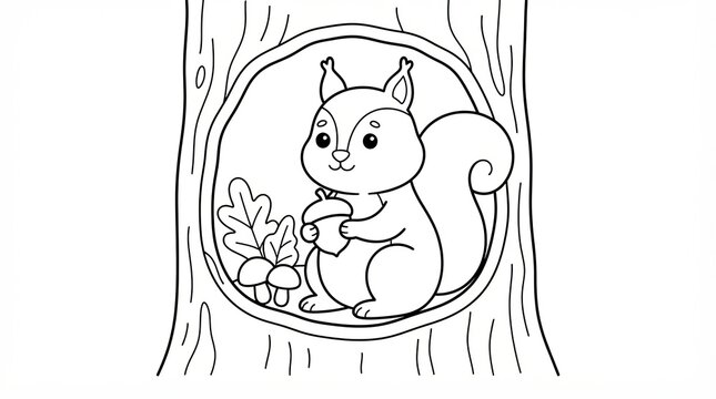 Cute cartoon squirrel holding an acorn inside a hollow tree coloring page