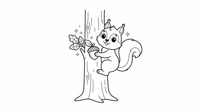 Cute cartoon squirrel climbing a tree with an acorn for coloring page