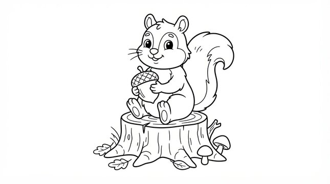 Cute cartoon squirrel holding an acorn sitting on a tree stump