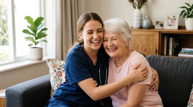 Cheerful young nurse in blue scrubs hugging and laughing with a happy senior woman sitting on a couch at home, providing professional care and warm companionship in domestic home environments. Very