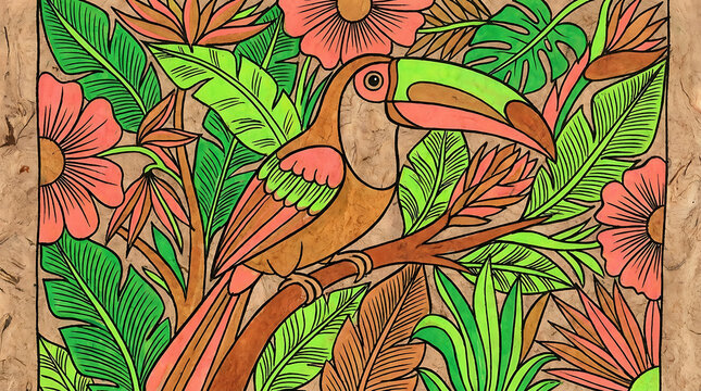 Toucan and tropical leaves on amate paper, folk art