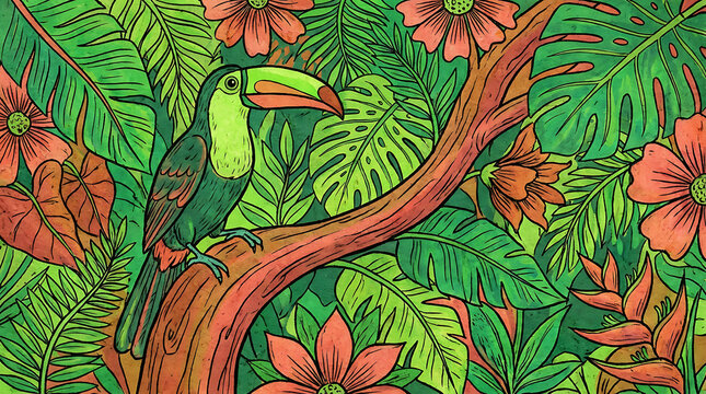 Toucan on branch in folk art linework, amate bark art