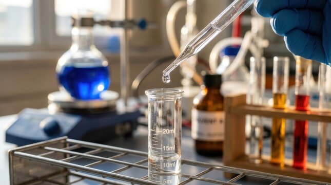 Close up of a gloved hand using a glass pipette to drop liquid into a graduated cylinder in a bright modern laboratory setting perfect for scientific research and chemical analysis presentations here.
