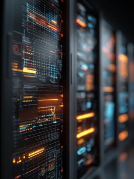 Futuristic data center servers with illuminated digital displays showcasing complex graphs and coding in a sleek high-tech environment with vibrant orange and blue l