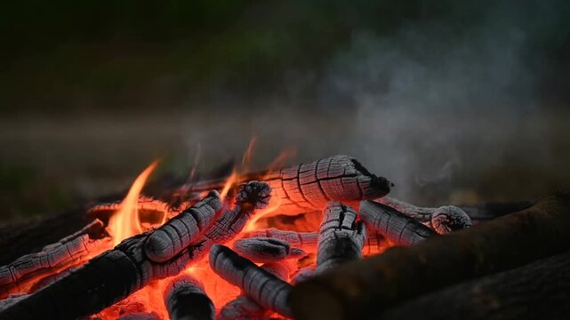 Glowing campfire embers with orange flames, burning wood logs in outdoor fire pit, warm evening bonfire smoke for camping background