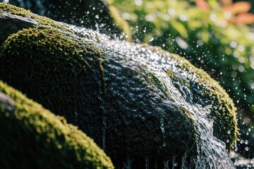 Obraz premium Close up of clear water flowing over green mossy rocks. Fresh spring stream splashes in sunlight. Natural river landscape features wet stones, rich forest vegetation. Peaceful outdoor scene with