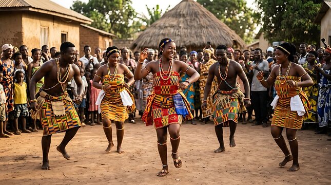 African dancers performing traditional ceremony in village square