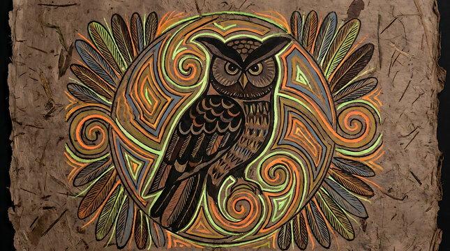 Rustic Mexican bark art, owl with glowing feather pattern