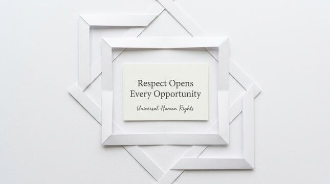 Elegant white card featuring motivational text about universal human rights and respect within geometric paper frames on a clean surface, perfect for social awareness and professional