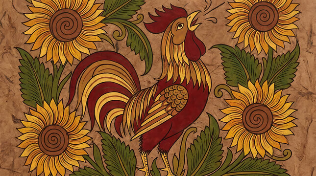 Mexican folk art rooster in sunflowers, red and gold, amate
