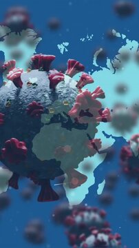 Multiple covid19 cells floating against world map on blue background