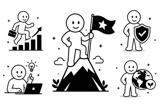 Stick figure character set with mountain flag growth chart shield laptop and globe business success concept illustration