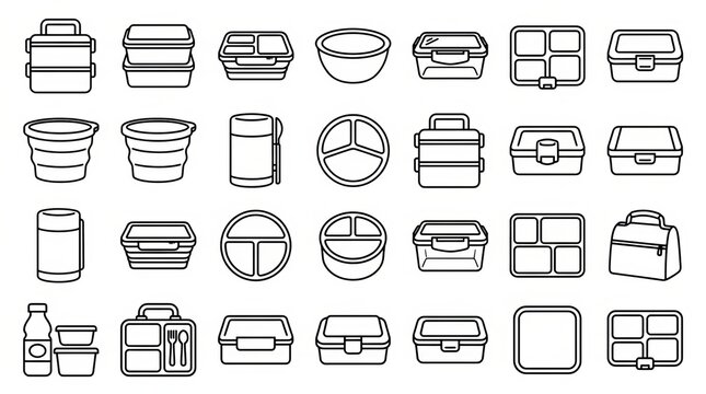 Collection of minimalist line art icons representing everyday objects and activities.