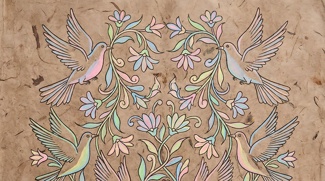 Doves with flowering vines on amate paper, folk art