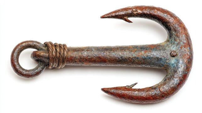 Ancient rusty double fishing hook isolated on white.