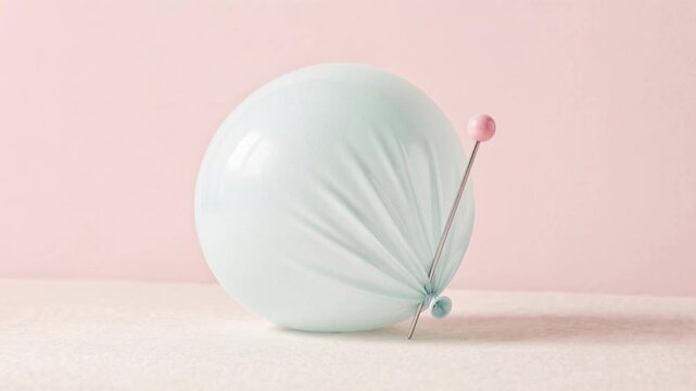 Delicate light blue balloon pierced by a pink-headed sewing pin. A single light blue balloon is about to burst as a sharp sewing pin pierces its surface