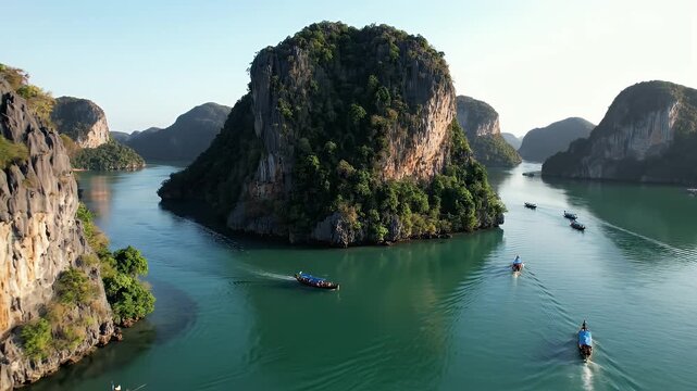 Aerial view of traditional boats navigating turquoise waters through limestone karsts in Southeast Asia's scenic bay