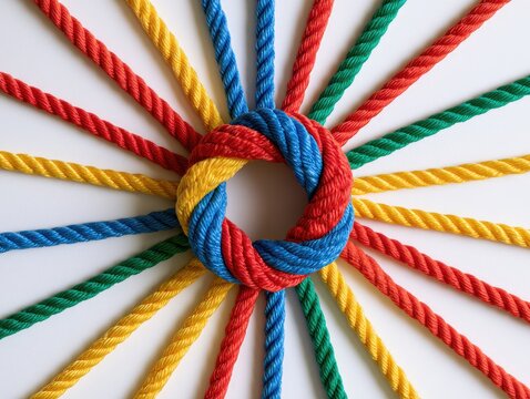 Colorful Ropes Intertwined in a Central Knot Symbolizing Unity and Connection.